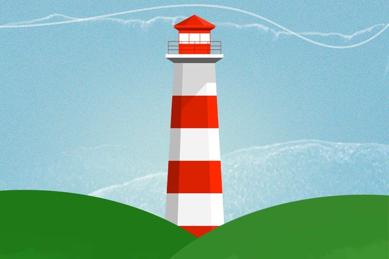 Striped Lighthouse on Green Hills Under Blue Sky