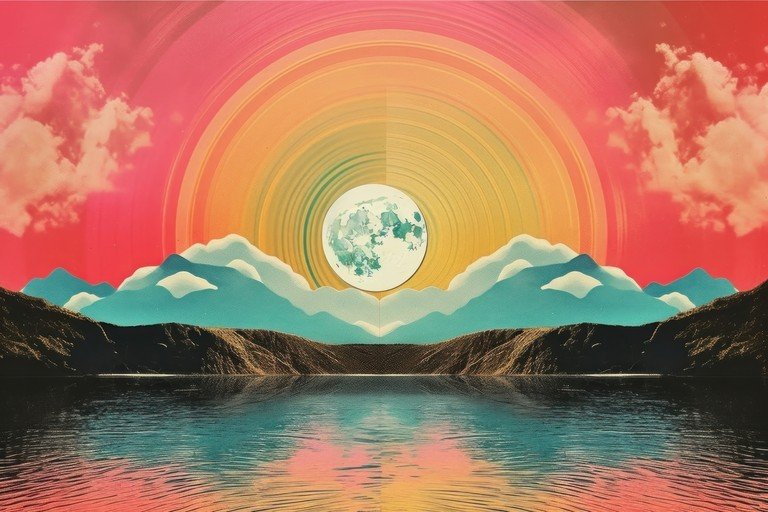 Surreal Landscape with Moon and Ringed Sun
