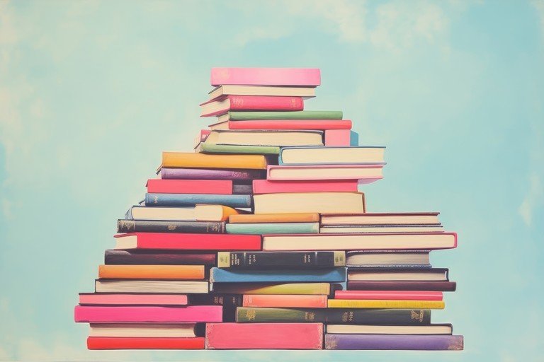 Stack of Colorful Books Against a Cloudy Sky