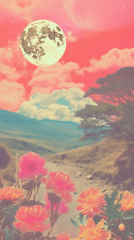 Surreal Landscape with Moon and Flowers