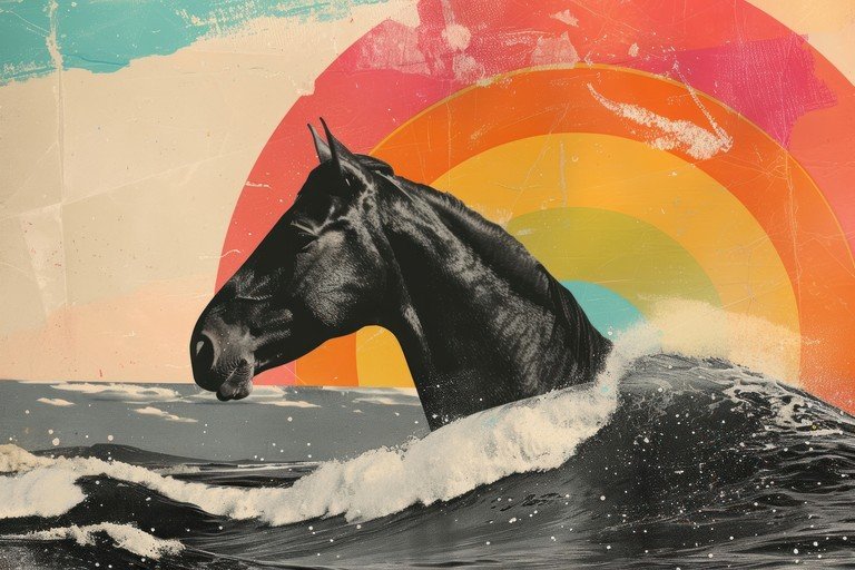 Black Horse Emerging from Ocean Waves with Rainbow Background