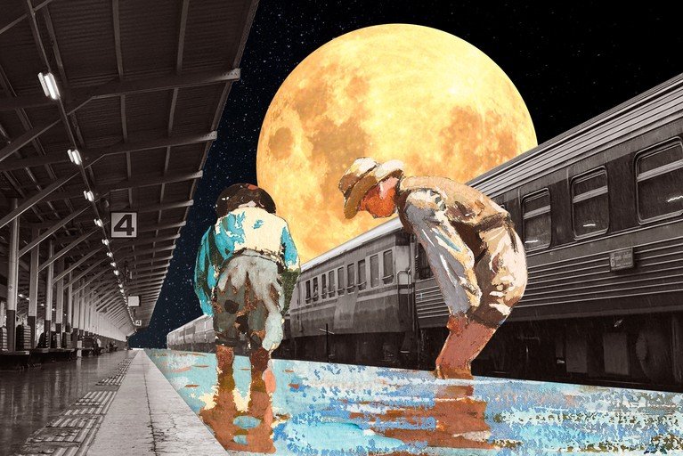 Surreal Train Station Scene with Moon and Figures