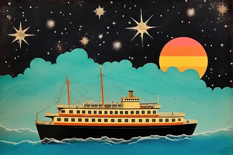 Steamboat Under a Starry Sky with a Retro Sunset
