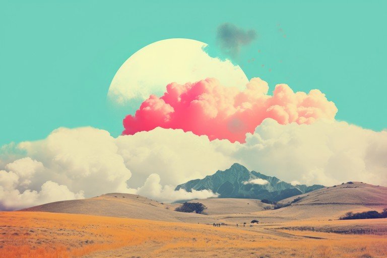 Surreal Landscape with Pink Clouds and Distant Mountains
