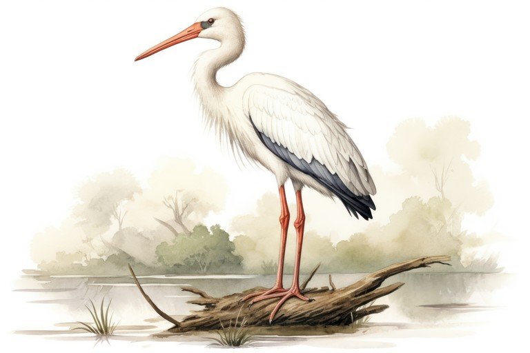 White Stork Standing on Driftwood by Water
