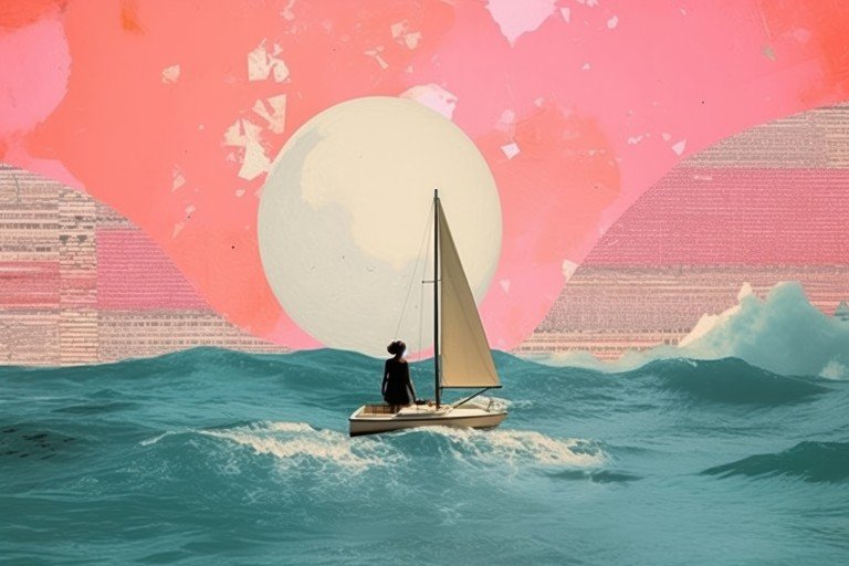 Sailboat on Wavy Ocean Under Pink Sky