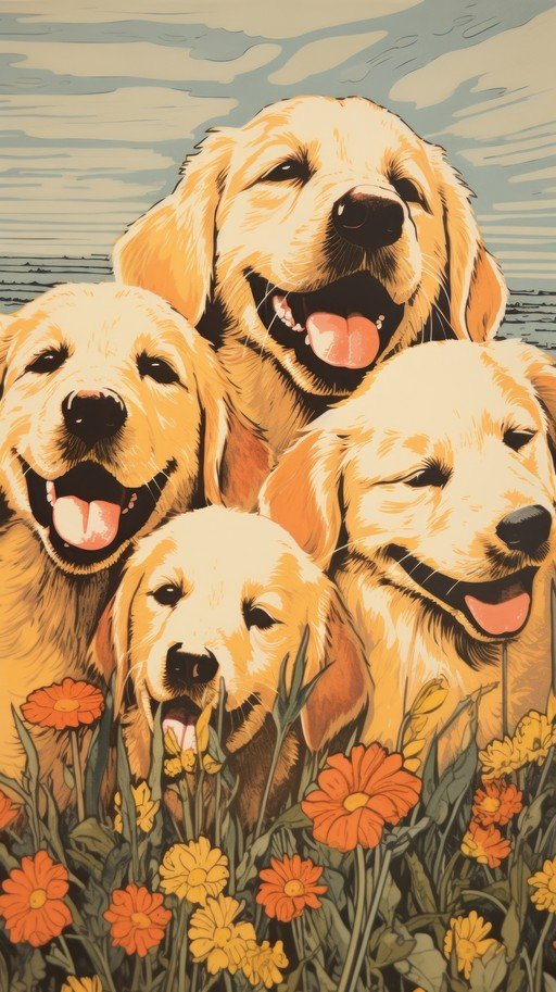 Happy Golden Retrievers in a Field of Flowers