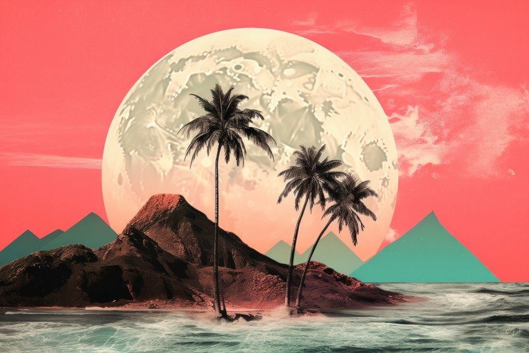 Surreal Tropical Island with Giant Moon
