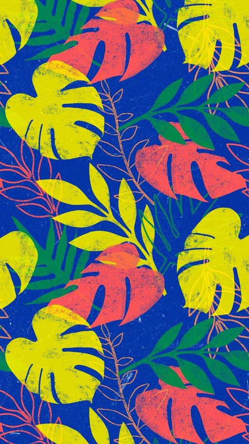 Vibrant Tropical Leaf Pattern on Blue Background