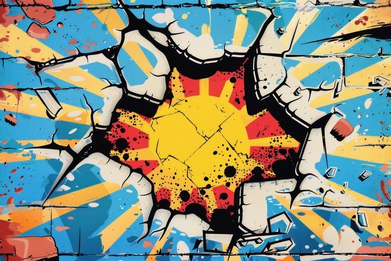 Explosive Graffiti Art on Cracked Brick Wall