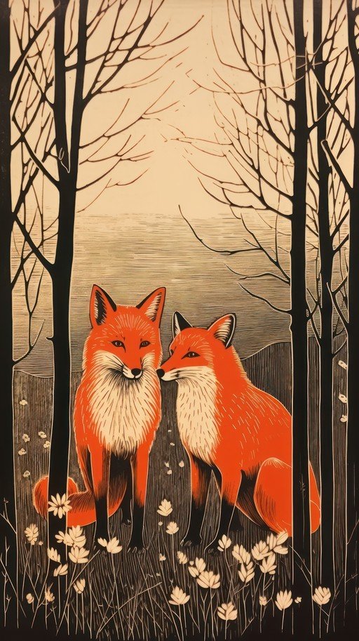 Two Foxes in a Stylized Forest