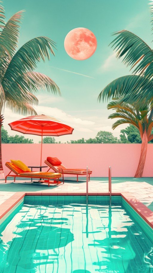 Retro Tropical Poolside Oasis with Pink Moon