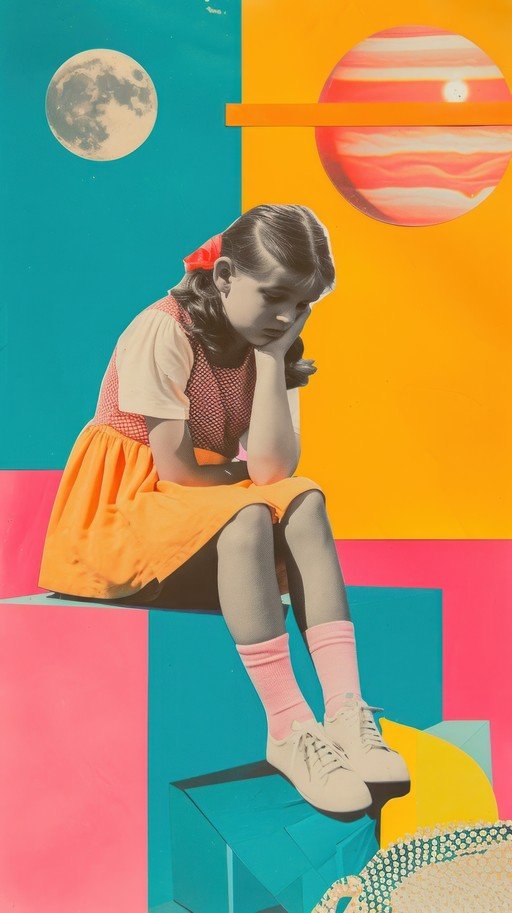 Retro Collage: Girl Gazing at Planets and Moon
