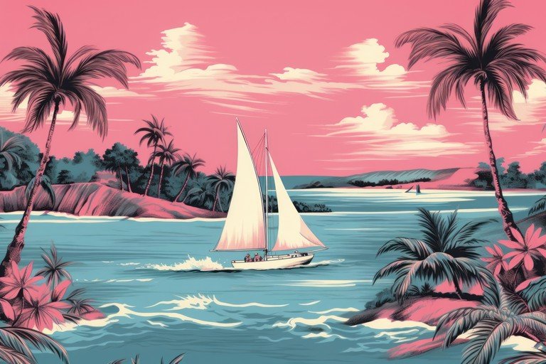 Tropical Sailboat Scene with Pink Sky and Palm Trees