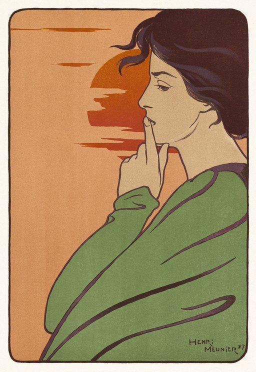 Art Nouveau Woman Shushing at Sunset