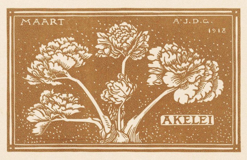 Art Nouveau floral illustration with "Maart" and "Akelei"