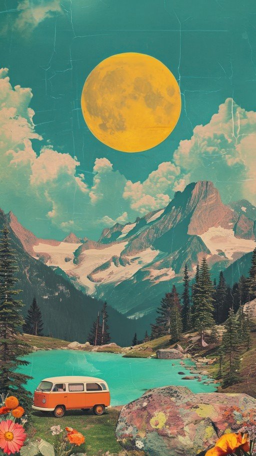 Retro Van Adventure Under a Giant Yellow Moon