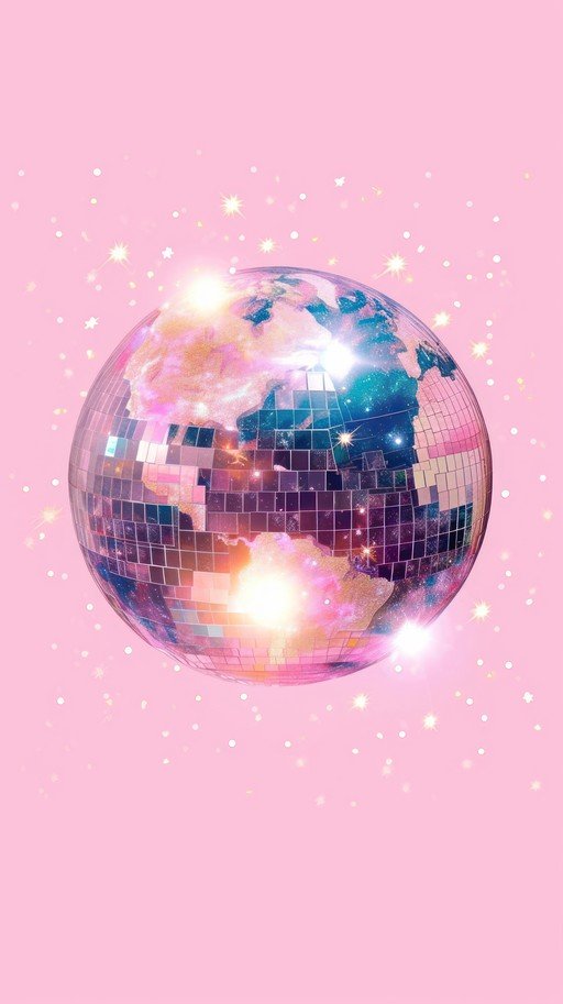 Disco Ball Earth with Pink Sparkle Background