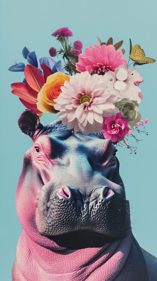 Whimsical Hippo Crowned with Vibrant Flowers and Butterfly