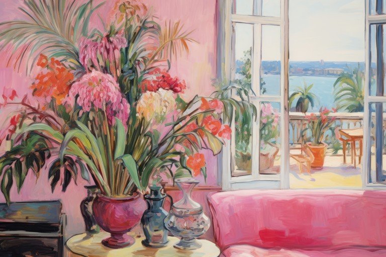 Vibrant Floral Still Life with Balcony View