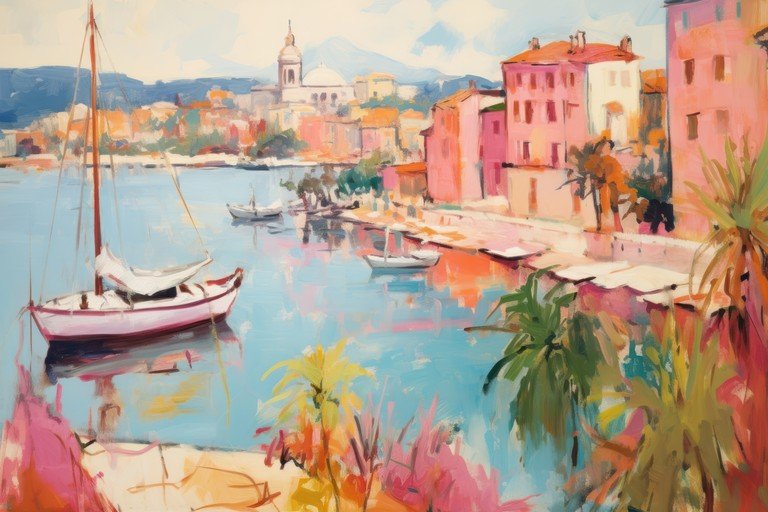 Impressionist Painting of a Mediterranean Harbor Scene