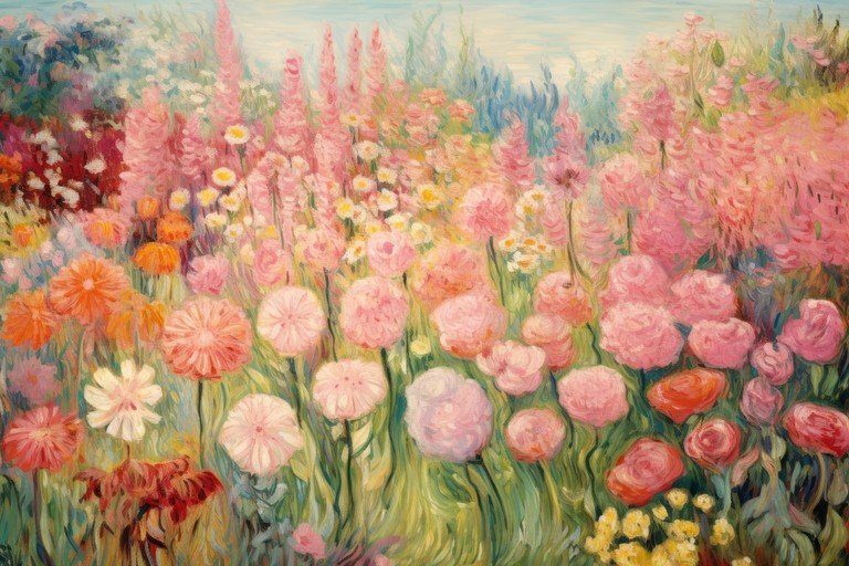 Impressionist Garden Painting of Pink and Orange Flowers