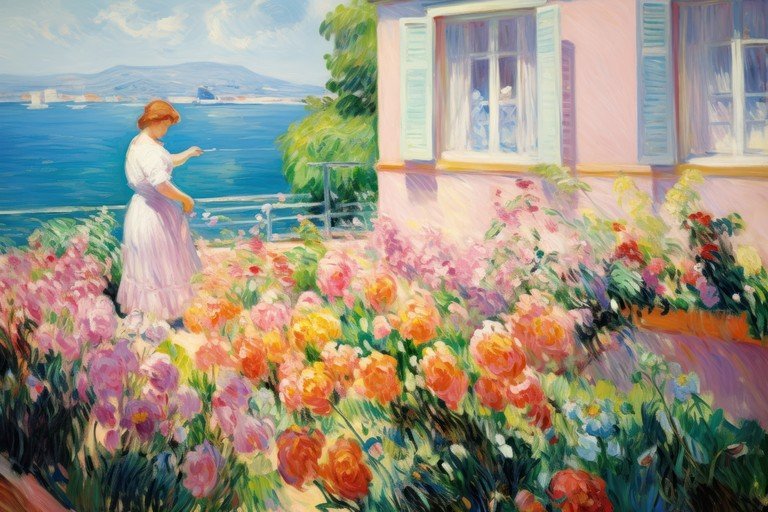 Woman Tending Flowers on a Sunny Terrace Overlooking the Sea