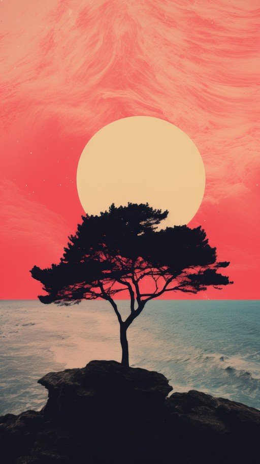 Solitary Tree on Cliff Overlooking Ocean at Sunset