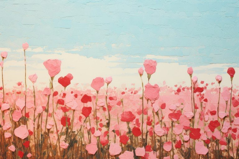 Impressionist Field of Pink and Red Poppies Under a Blue Sky