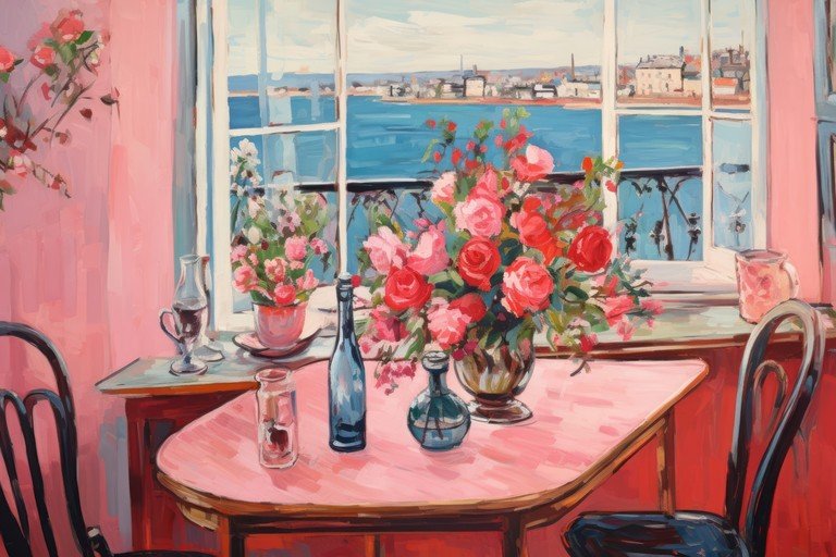 Vibrant Still Life with Roses and Coastal View