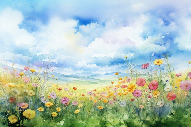 Watercolor Meadow Under a Cloudy Sky