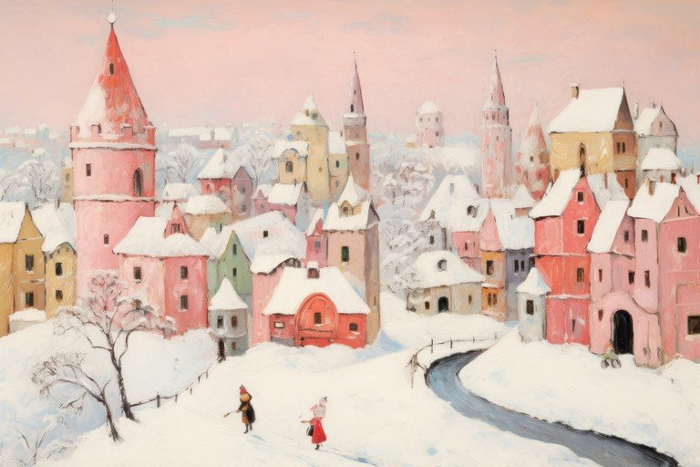Whimsical Winter Village Painting