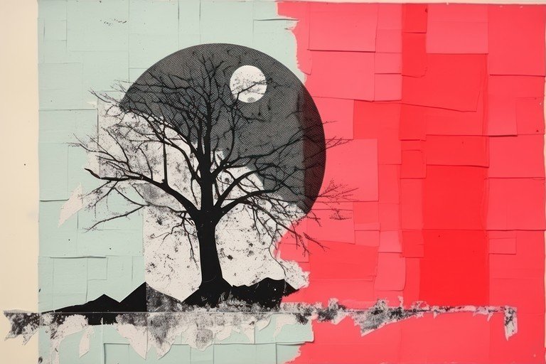 Abstract Tree Silhouette with Moon and Pink Background