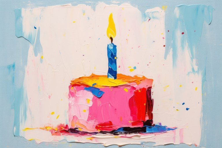 Vibrant Birthday Cake Painting with Single Candle