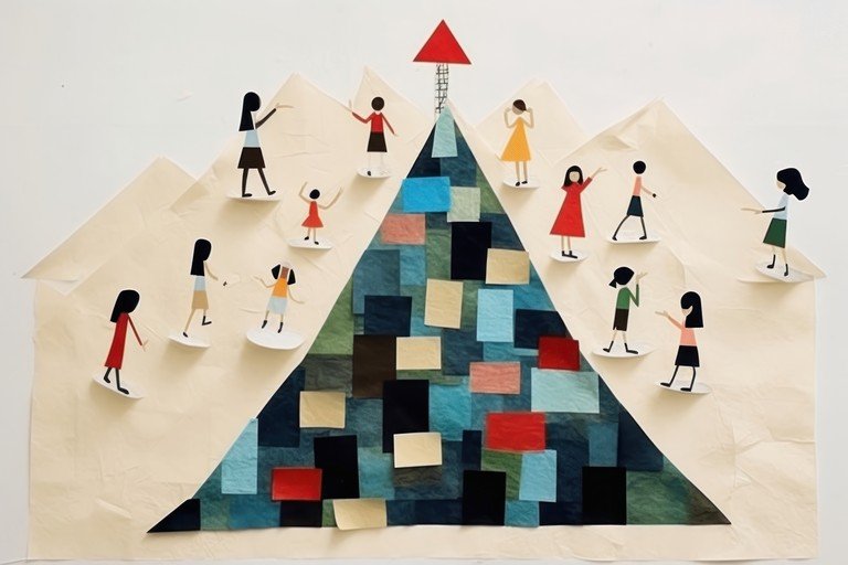 Paper Cutout Art: Diverse Group Ascends Mountain Peak
