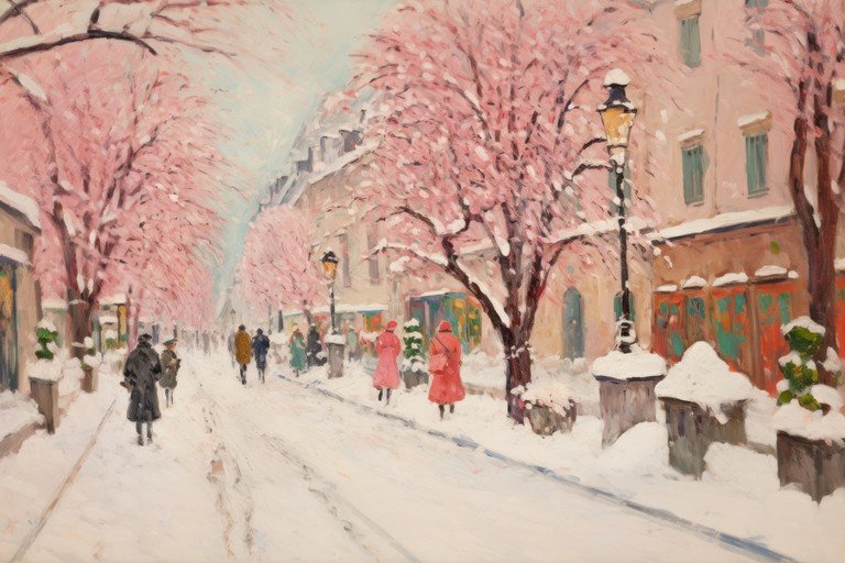 Snowy Street Scene with Pink Trees and Pedestrians