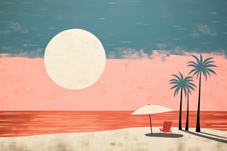 Minimalist Tropical Beach Scene with Sun and Palm Trees