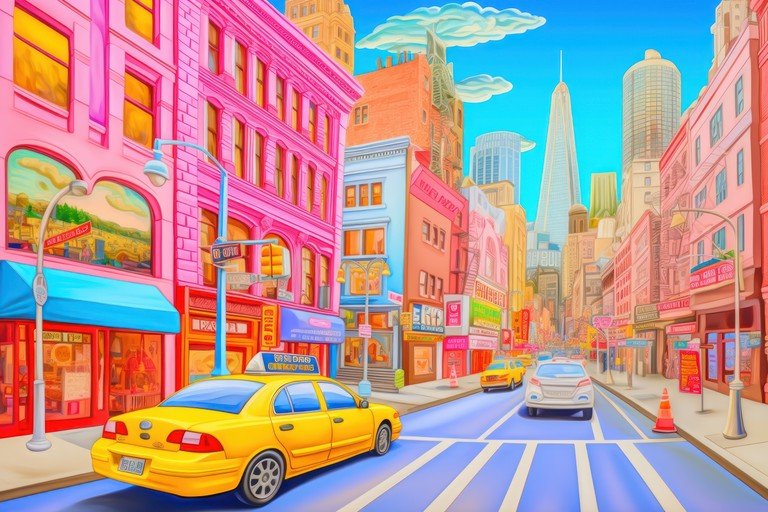 Vibrant City Street Scene with Yellow Taxi