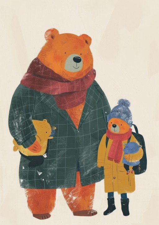Two Bears in Winter Coats with Stuffed Animals