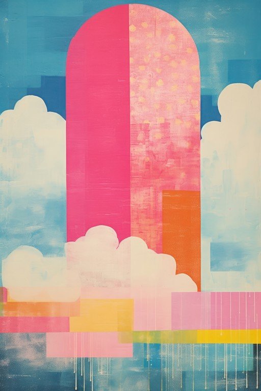 Abstract Sky with Geometric Shapes and Clouds