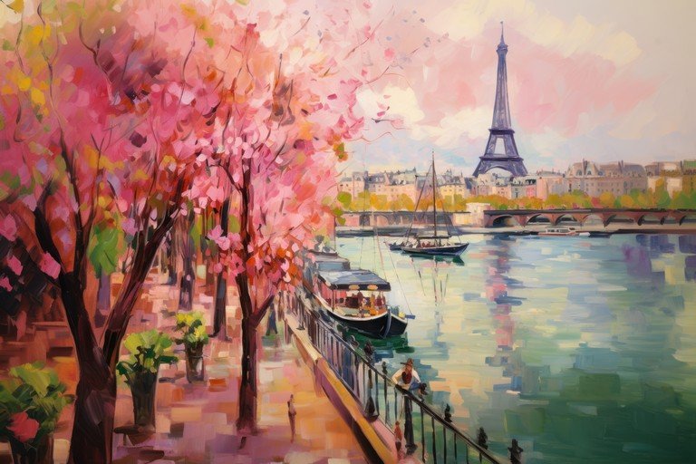 Parisian Spring Scene with Eiffel Tower and River Seine