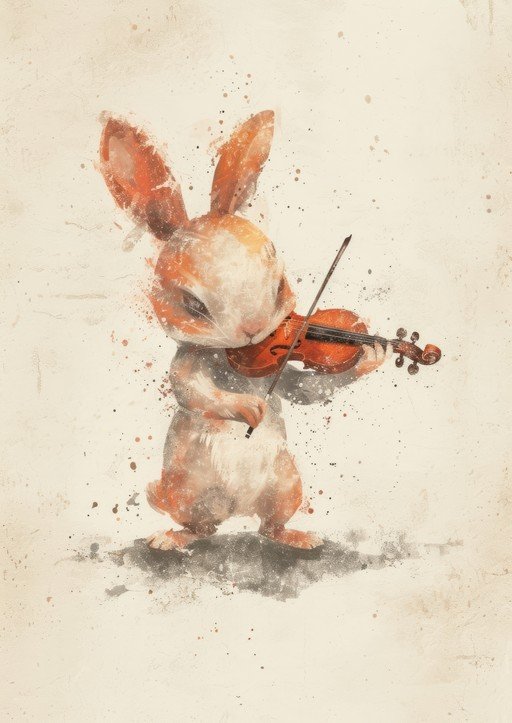 Whimsical Rabbit Plays Violin in Watercolor Style