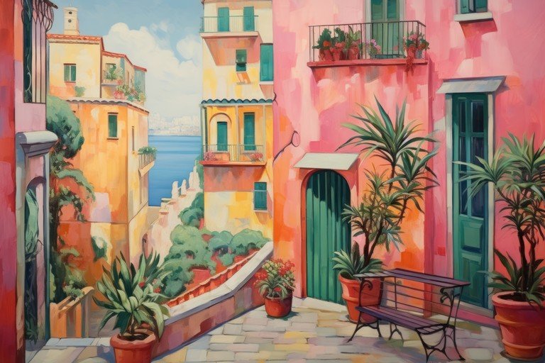 Vibrant Italian Courtyard with Sea View