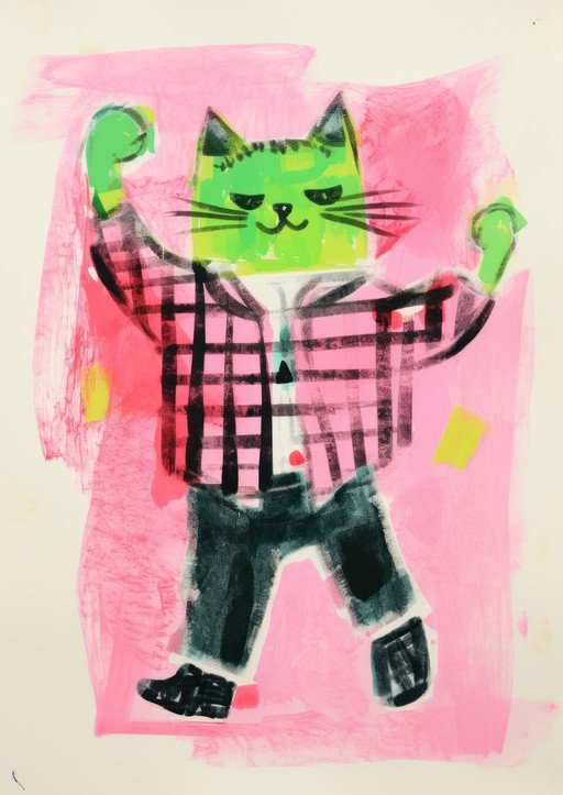Green Cat in Plaid Shirt Flexing Muscles