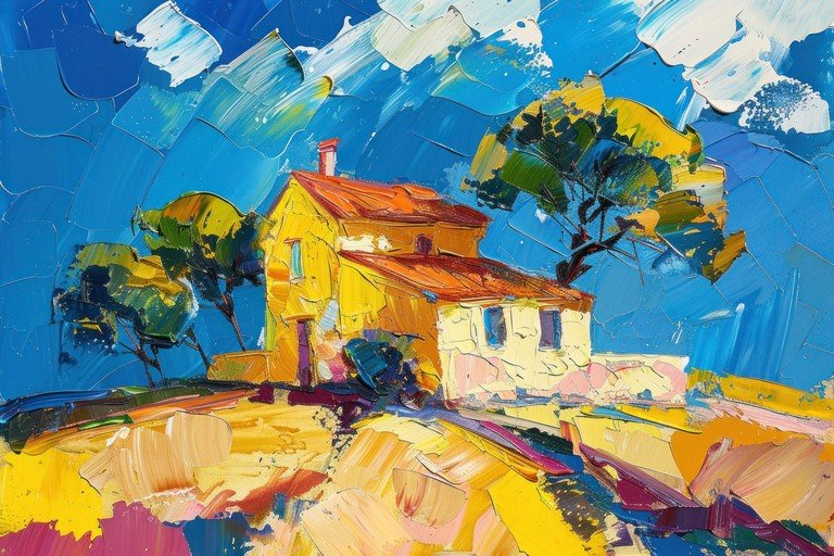 Impressionist Painting of a Yellow House Under a Blue Sky