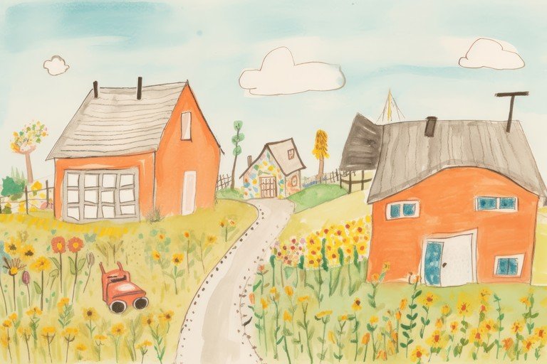 Whimsical Watercolor Village Scene with Flowers and Houses
