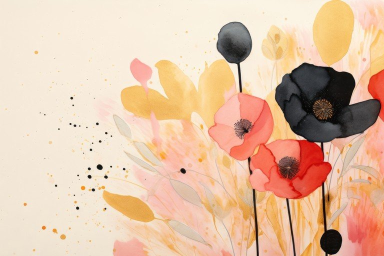 Abstract Watercolor Poppies with Gold Accents