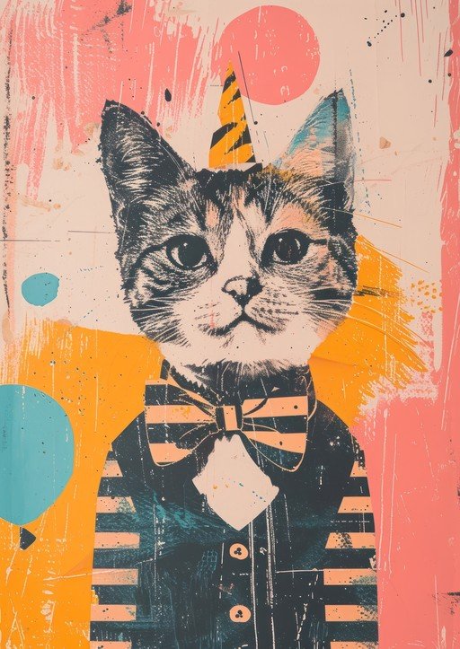 Whimsical Cat Portrait with Party Hat and Bow Tie