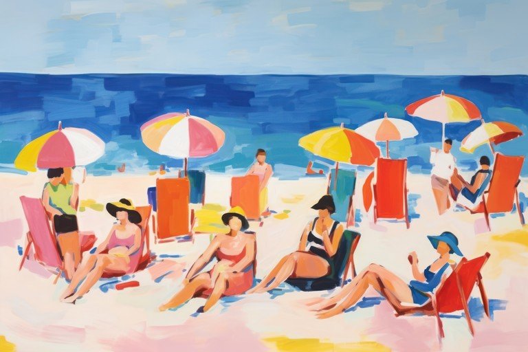 Vibrant Beach Scene with People Relaxing Under Umbrellas