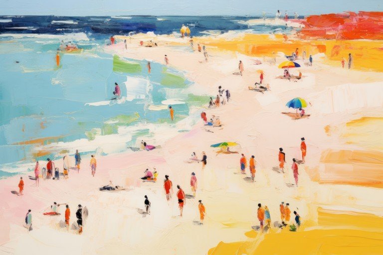 Impressionist Beach Scene with People and Umbrellas